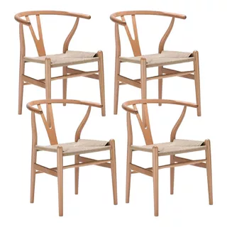 Promo 4 Sillas Wishbone Madera Rattan Comedor Living Lcm Estructura De La Silla Marrón Claro Asiento Beige