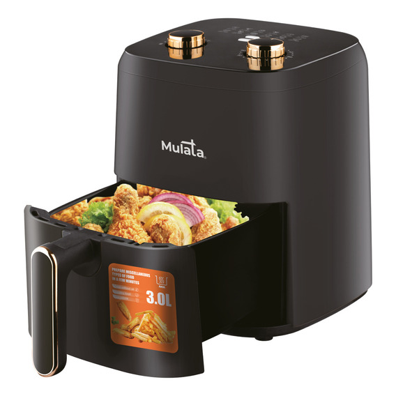 Freidora Sin Aceite Mulata Air Fryer 3l - Control Temperatura, Timer, 12 Modos, Bandeja Rejilla, Diseño Elegante Negro/dorado, 1300w, 80-200ºc