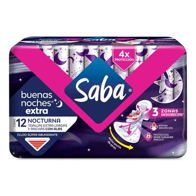 Toallas Femeninas Saba Buenas Noches Extra Con Alas 12 Toallas