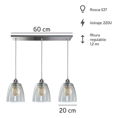 Colgante 3 Luces Vidrio Transparente Deco Vintage Apto Led