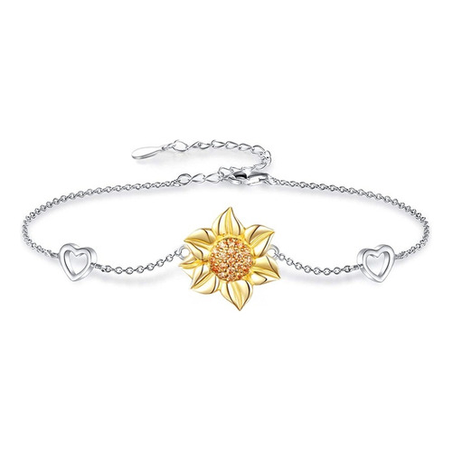 Pulsera Plata Esterlina 925 Flor Girasol Corazón Brazalete Color Plateado Diámetro 6 Cm Largo 19