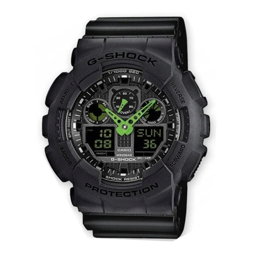 Reloj Casio G-shock Ga-100c-1a3, Black, 5 Alarmas,luz Led Color Del Fondo Negro Con Verde Color De La Correa Negro Color Del Bisel Negro