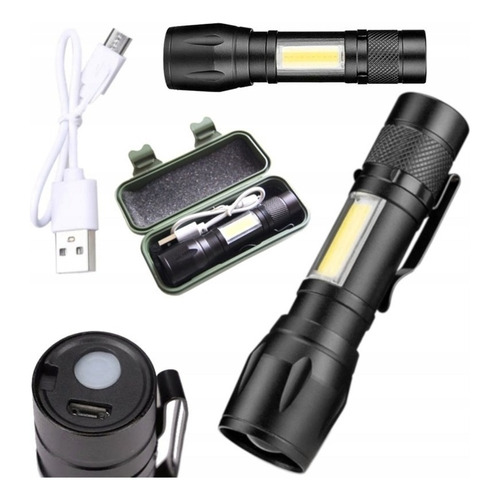 Minilinterna táctica LED T6, lámpara recargable, zoom USB, color de la linterna: negro, color de la luz: blanco