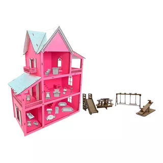 Kit Casa/casinha Boneca 19 Moveis Com Parquinho Postagem 24h Cor Rosa