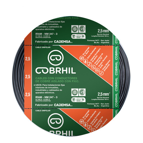 Cable Unipolar Normalizado Cobrhil 2.5 Mm Rollo 50 Mts Cubierta Negro