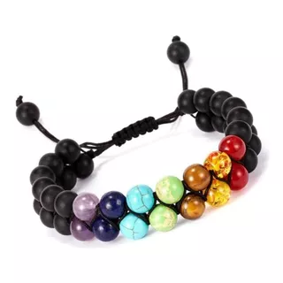 Pulsera Trenzada Doble Capa 7 Chakras En Piedra Natural 8 Mm