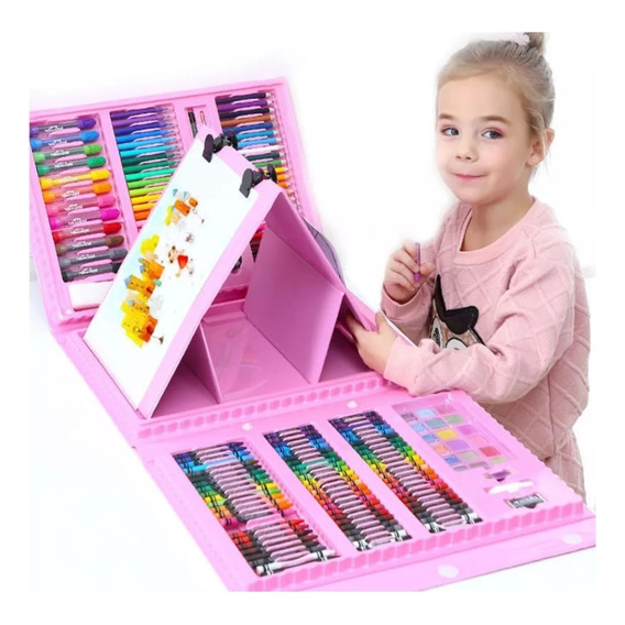 Set De 208 Piezas Aprende Dibujo Niños Colores Creativo Rosa