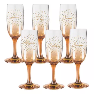 Taça Para Champagne 180ml De Vidro Ambar Decorada Festa 6un