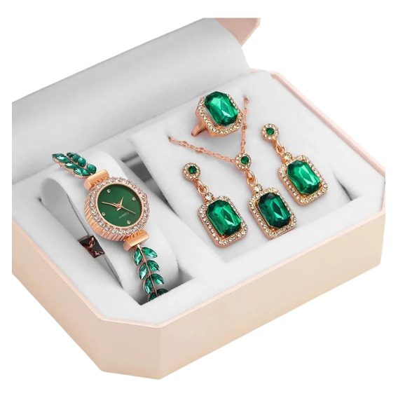 Set Reloj Collar Anillo Y Aretes Cristales Regalo Mujer 