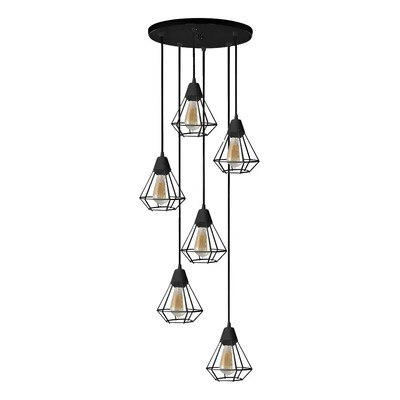Colgante Jaula 6 Luces Diamante Deco Base Redonda Apto Led Negro