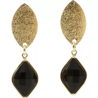 Aros Colgantes Oro 18k Laminado Arenado Cristal Piedra Negra