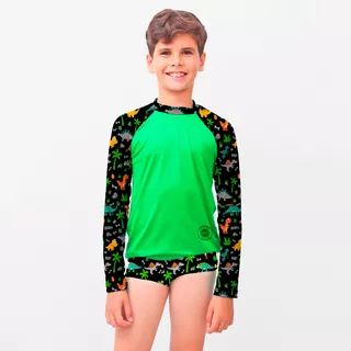 Kit De Sunga Infantil Com Blusa Dino Proteção Solar Uv50+