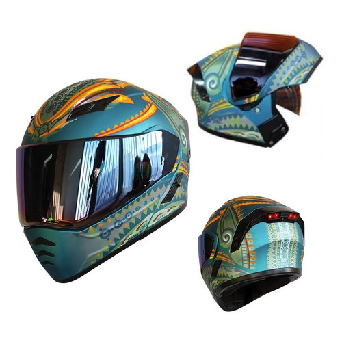 Casco Moto Kov Estelar Peek Azul Verde Abatible Con Luz Led Tamaño del casco L