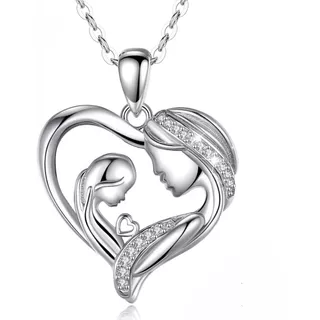 Colgante Y Cadena De Plata Diseño Corazón Madre E Hija (o)