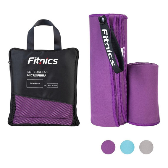 Toalla Microfibra Fitnics Set De 2 (120x60 +80x30) + Estuche Color Morado