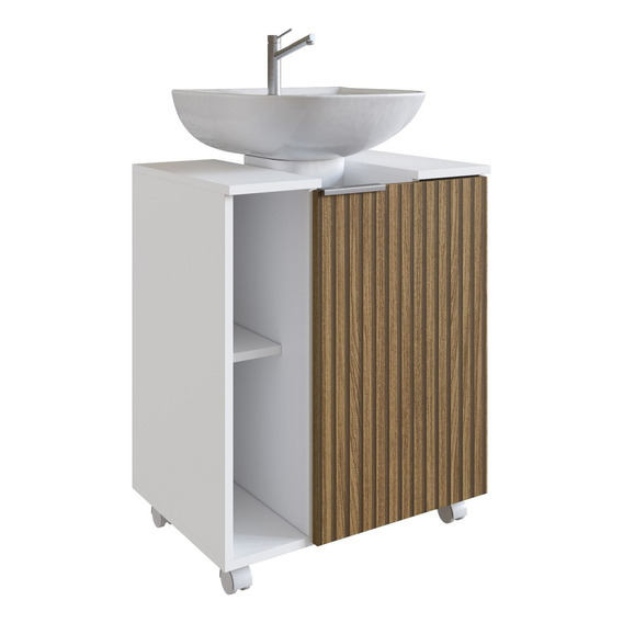 Mueble Para Baño Con 1 Puerta Y 6 Estantes Organizadores Cantidad De Agujeros Para Grifería Sin Agujeros Mueble Blanco/nogal