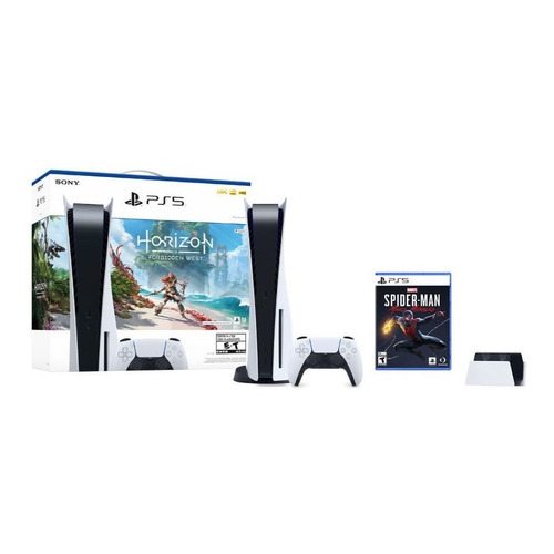 Sony PlayStation 5 825GB Kit: PS5 Standard + Horizon Forbidden West + Marvel's Spider-Man: Miles Morales + Estación de recarga de DualSense color  blanco y negro