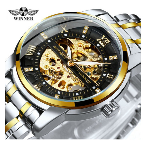 Reloj Mecánico Winner G108 Fashion Skeleton Color de la correa Silver Golden Black