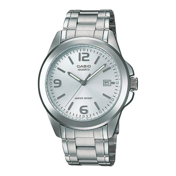 Reloj pulsera Casio Enticer MTP-1215 de cuerpo color plateado, analógico, para hombre, fondo plateado, con correa de acero inoxidable color plateado, agujas color gris y blanco, dial gris, minutero/se