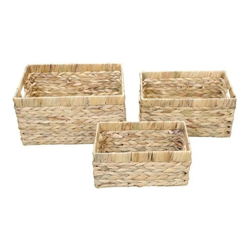 Kit X 3 Cestos Deco Rectangular Jacinto Fibra Natural Asas Color Marrón