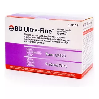 Aguja Insulina Ultra-fine 31g X 5mm (3/16 ) Para Pen X 100u