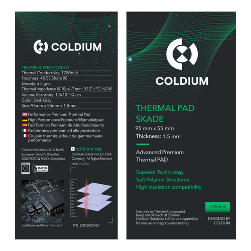 Pad Térmico Coldium Skade 95x55x1.5mm Premium Pro Oc 17w/m-k Color Gray