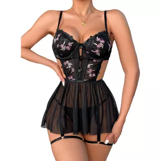 Lencería Babydoll Encaje Vestido Camisón Bordados Florales