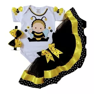 Roupa Abelhinha Para Bebê Menina Mesversário Saia+ Body Luxo