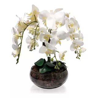 Arranjo Orquídea Brancas Silicone Com Vazo De Vidro Completo
