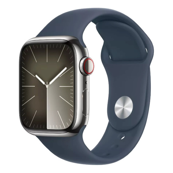 Apple Watch Series 9 GPS + Celular • Caja de acero inoxidable color plata de 45 mm • Correa deportiva azul tormenta - S/M - Distribuidor Autorizado