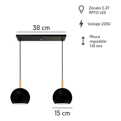 Colgante 2 Luces Bocha 15cm Negra Con Madera Apto Led E-27 