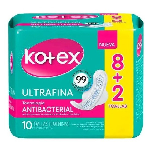 Toallas Femeninas Kotex Antibacterial Ultrafina C/alas 10 U