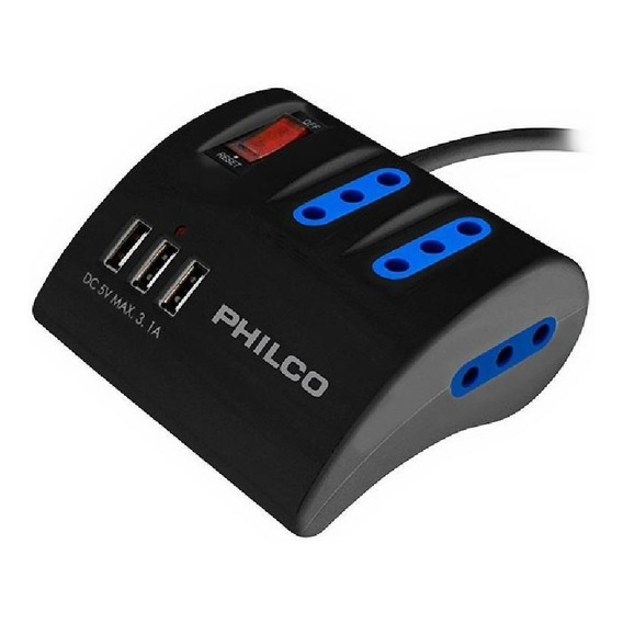 Alargador Zapatilla Con Switch 3 Usb Philco 1,5m Negro