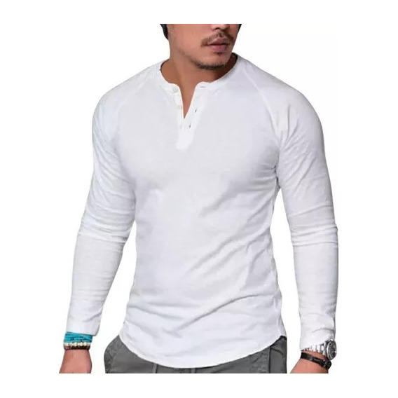 Playera Manga Larga Hombre Cuello Mao Casual Cómoda