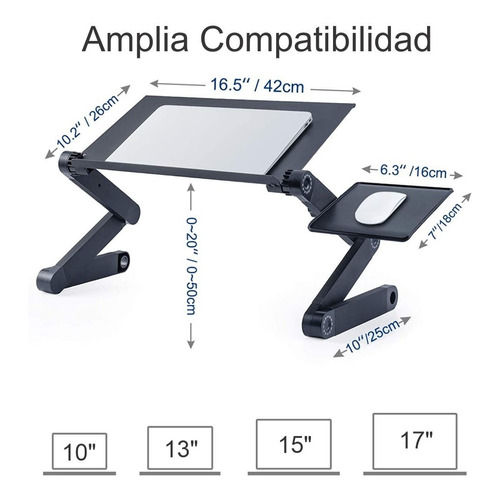 Mesa Ajustable Portátil Multiuso Laptop Table T8 Ventilación Color Negro