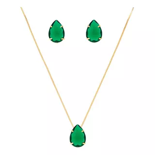 Conjunto Colar Brinco Gota Verde Esmeralda Folheado Ouro