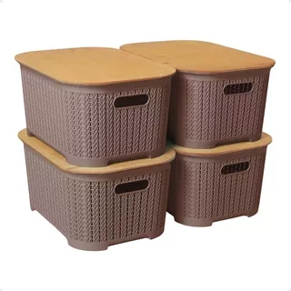 Set X4 Canastos Organizadores Simil Rattan Con Tapa Madera