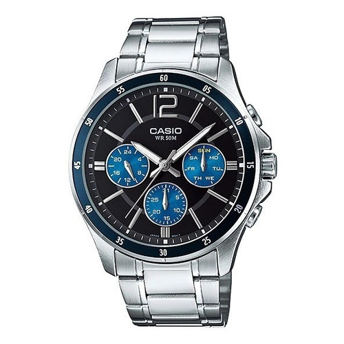 Reloj Casio Mtp-1374d Hombre Multifuncion Acero 50m Wr Color de la malla Plateado Color del bisel Negro Color del fondo Azul marino
