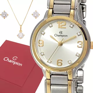 Relógio Feminino Champion Prata Original Top Luxo Cor Do Bisel Dourado Cor Do Fundo Branco