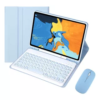 Capa Para iPad Geração 9/8/7 Com Teclado E Mouse Redondo Cor Branco Ice Blue + Round Cap Keyboard+mouse