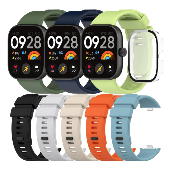 8 Correas Silicon + Pc Funda Mica Para Redmi Watch 4