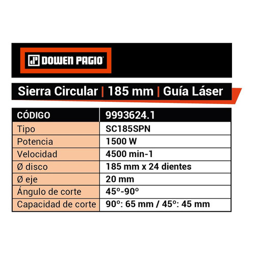 Sierra Circular 185mm Guia Láser 1500w Dowen Pagio 9993624.1 Color Naranja Frecuencia 50 Hz