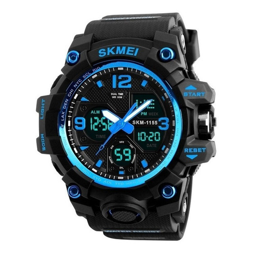 Reloj de pulsera Skmei 1155 de cuerpo color negro, analógico-digital, para hombre, fondo negro, con correa de poliuretano color negro, agujas color blanco y azul, dial azul, subesferas color negro, minutero/segundero gris, bisel color negro y azul y hebilla doble