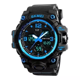 Reloj Pulsera Skmei 1155 De Cuerpo Color Negro, Analógica-digital, Para Hombre, Fondo Negro, Con Correa De Poliuretano Color Negro, Agujas Color Blanco Y Azul, Dial Azul, Subesferas Color Negro, Minut