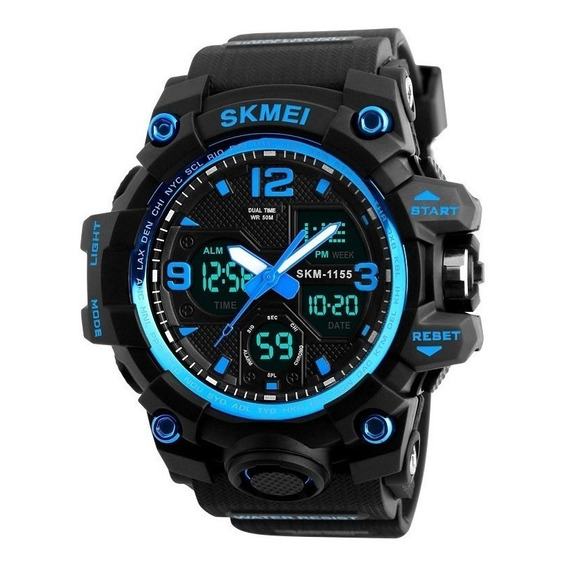 Reloj pulsera Skmei 1155 de cuerpo color negro, analógico-digital, para hombre, fondo negro, con correa de poliuretano color negro, agujas color blanco y azul, dial azul, subesferas color negro, minut