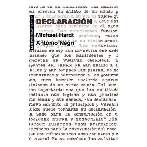 Declaración, De Hardt Negri. Editorial Akal, Tapa Blanda, Edición 1 En Español