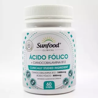 Ácido Fólico + B12 Cianocobalamina 500mg 60caps Sunfood 