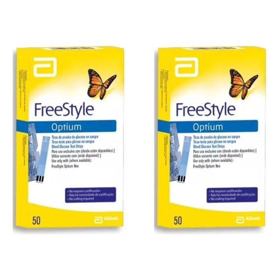 2 Cajas De 50 Tiras Reactivas Glucometros Freestyle Optium 