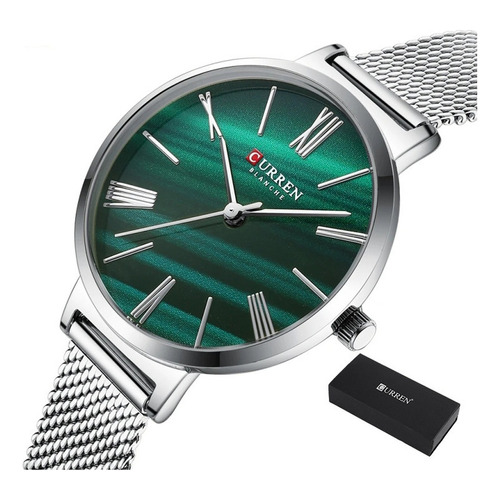 Reloj Casual De Cuarzo Impermeable Con Cinturón De Malla Cur Color De La Correa Verde Plata