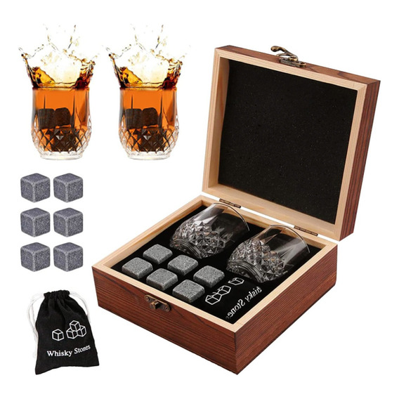 Whiskey Stones Set Granito Chill+2 Vasos Whiskey Caja Madera